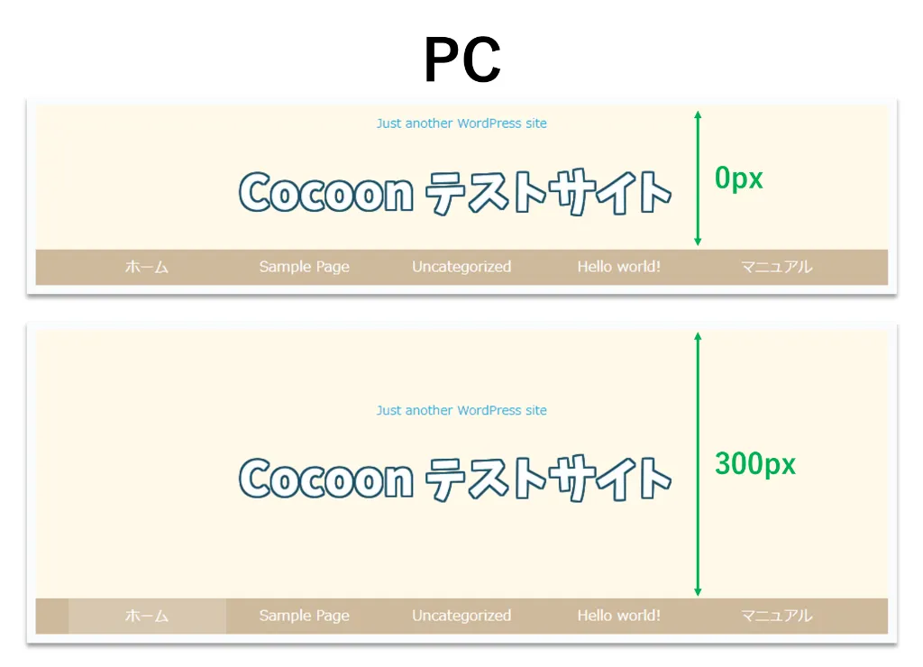 Cocoon設定「ヘッダー」 ヘッダーの高さ PCの表示イメージ